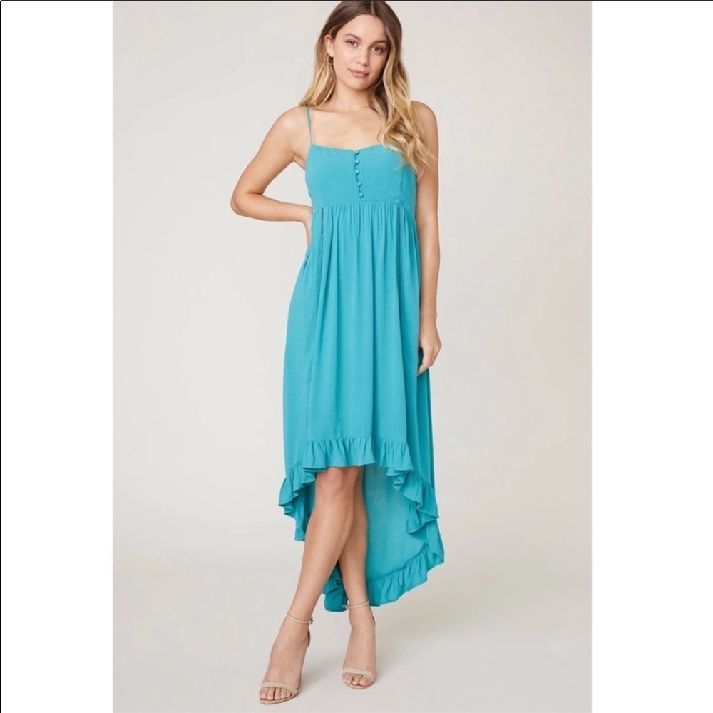 BB Dakota High Low Button Front Asymmetric Ruffle Hem Dress Blue Bright Slate XS